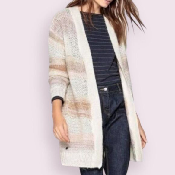 ANTHROPOLOGIE NUMPH Wool Mohair Striped Cardigan Sz S Metallic Longline Knit - Picture 1 of 10